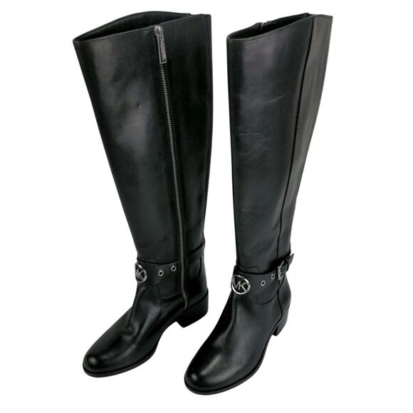 Michael Kors Heather Black Knee High Riding Boot Women's 8 Silver Front Logo - Picture 1 of 8